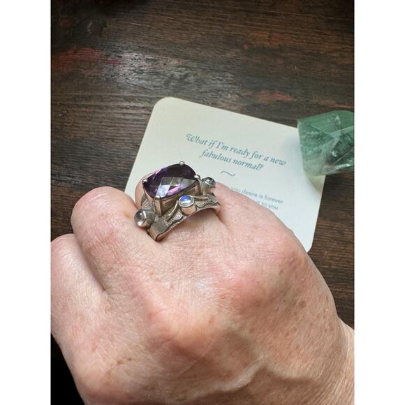 Purple Amethyst Ring Rainbow Moonstone Hand Made Carved Sterling Silver US 8.5 - Picture 10 of 10